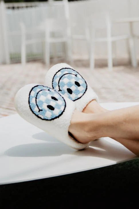 Blue Checkered Happy Face Slippers